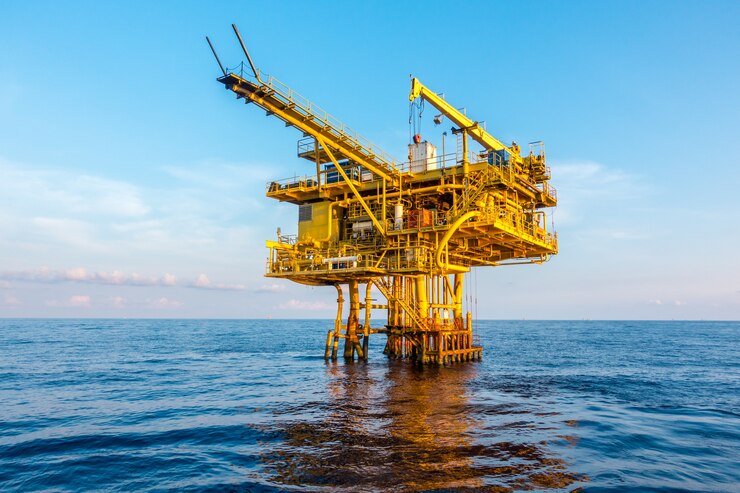 Photo oil and gas platform in the gulf or the sea, the world energy, offshore oil and rig construction.