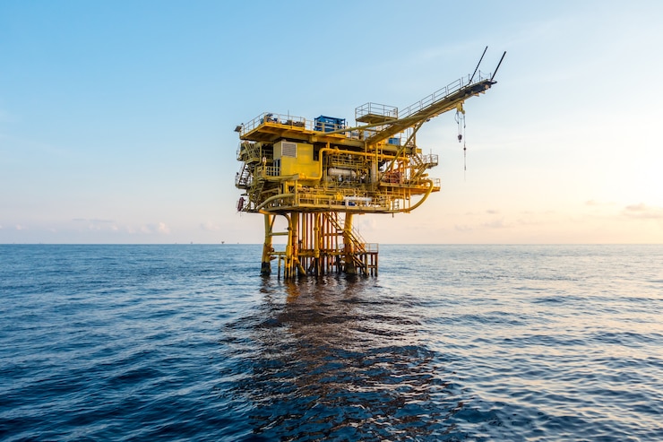 Photo oil and gas platform in the gulf or the sea, the world energy, offshore oil and rig construction.