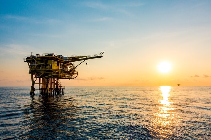 Photo oil and gas platform in the gulf or the sea, the world energy, offshore oil and rig construction.
