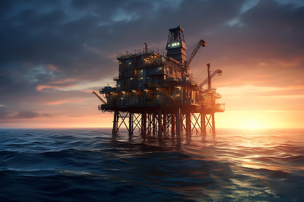 A oil and gas platform in the ocean at sunset