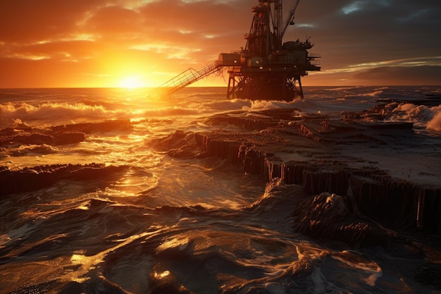 Oil and gas platform in the sea at sunset 3d rendering deep sea mining operation AI Generated