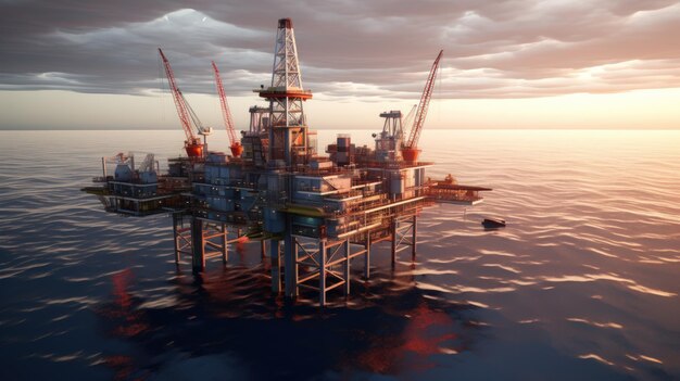 Oil and gas platform in the sea at sunset