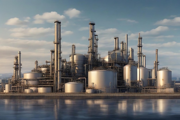 Foto raffineria di impianti di produzione di petrolio e gas con impianti di stoccaggio di serbatoi per la produzione di petrolio o per la petrochimica