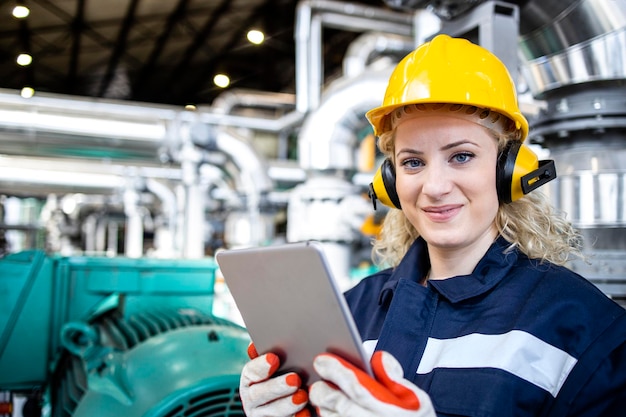 Oil and gas production and industrial female worker holding\
tablet computer