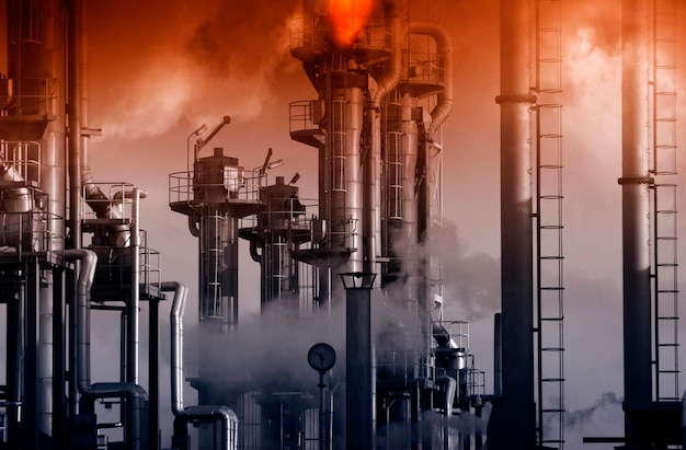 Photo oil and gas refinery in a dusty and smoggy sunset petrochemical industry