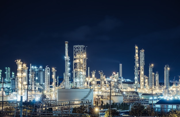 Oil and gas refinery industry plant at night