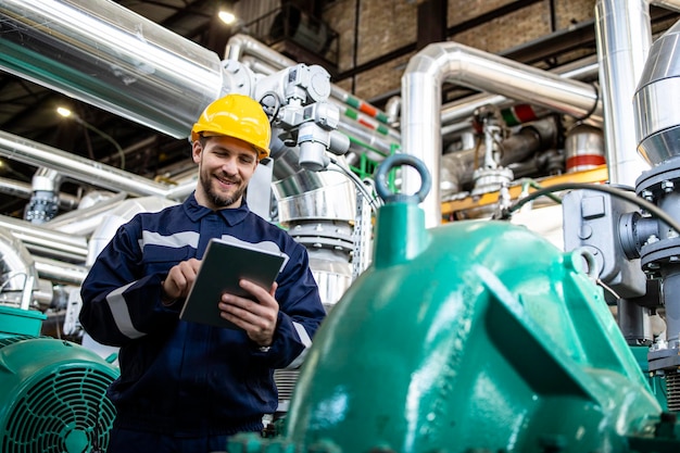 Photo oil and gas refinery worker checking maintenance and production