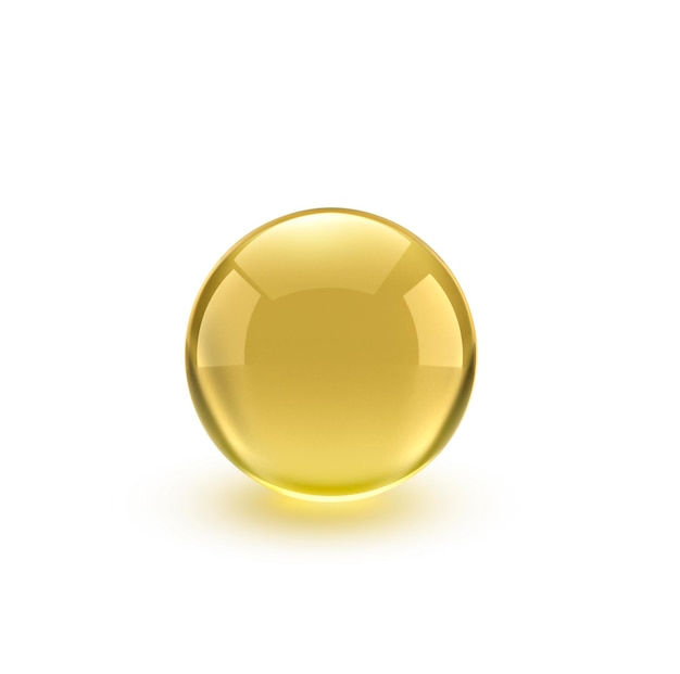 Oil gold glass ball isolated in vector on white background Cosmetic pill capsule of vitamin E A Argan oil Almond cod liver Omega 3 fish Golden bubble template