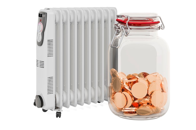 Oil heater with glass jar full of golden coins 3D rendering