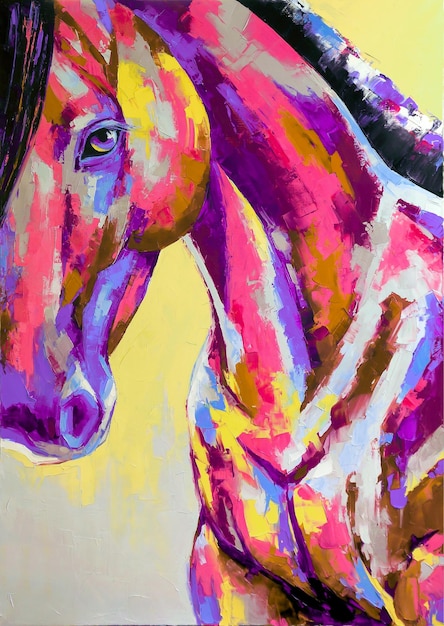 Oil horse portrait painting in multicolored tones Closeup of a painting by oil and palette knife on canvas Conceptual abstract painting of a horse head