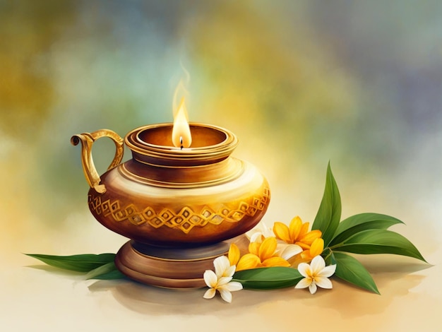 Oil lamp and arrangement with copy space for thaipusam celebration in watercolor style