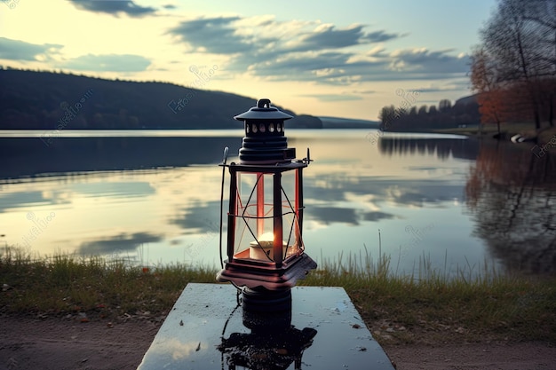 Oil lamp on the lake shore in forest domestic travel concept