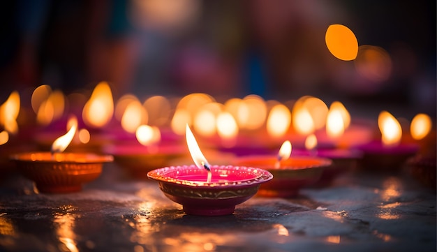 Oil lamps decoration in happy Diwali festival