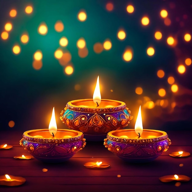 Oil lamps lit on colorful rangoli during diwali celebration Ai Generated