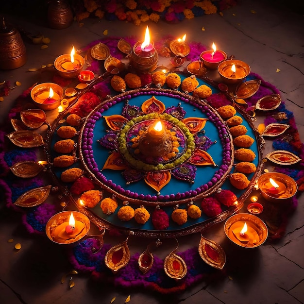 Масляные лампы, зажженные на красочных ранголи во время празднования Дивали