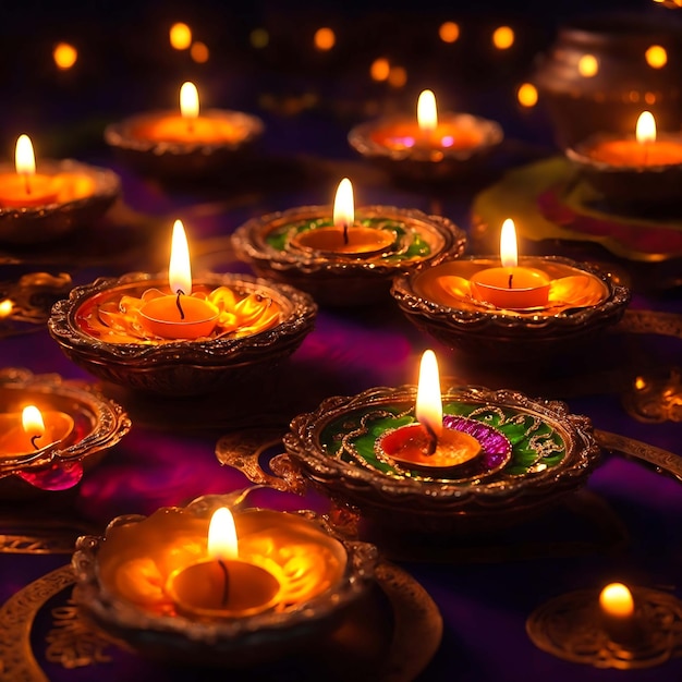 Oil lamps lit on colorful rangoli during diwali celebration Ai Generated