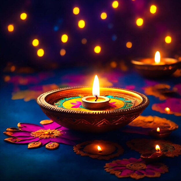 Oil lamps lit on colorful rangoli during diwali celebration Ai Generated