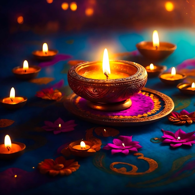 Oil lamps lit on colorful rangoli during diwali celebration Ai Generated