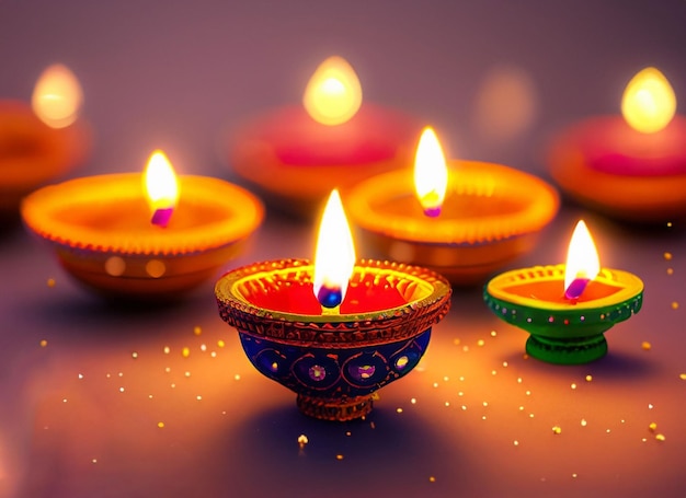 Oil lamps lit on colorful rangoli during diwali celebration