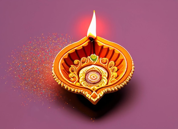 Oil lamps lit on colorful rangoli during diwali celebration