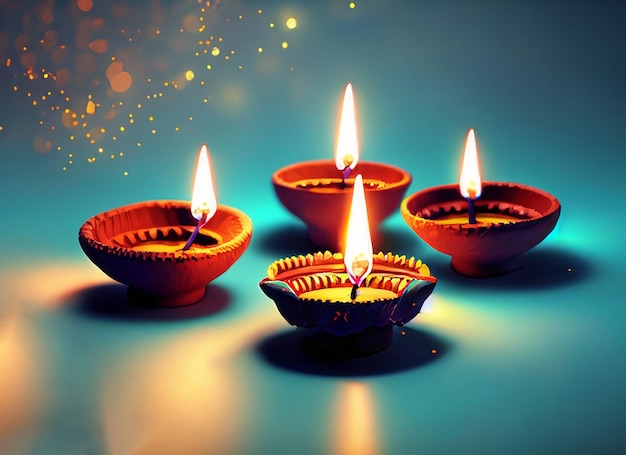 Oil lamps lit on colorful rangoli during diwali celebration