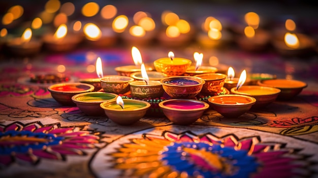 Oil lamps lit on colorful rangoli during diwali celebration