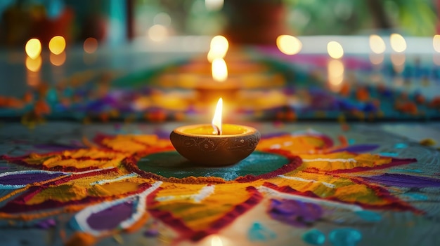 Oil lamps lit on colorful rangoli during diwali celebration