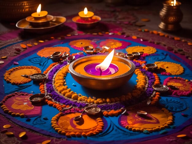 Oil lamps lit on colorful rangoli during diwali celebration