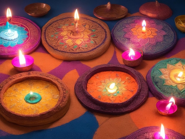 Oil lamps lit on colorful rangoli during diwali celebration
