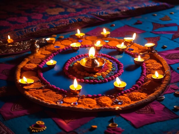 Oil lamps lit on colorful rangoli during diwali celebration