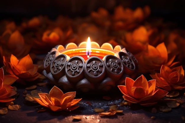 Photo oil lamps lit on colorful rangoli during diwali celebration