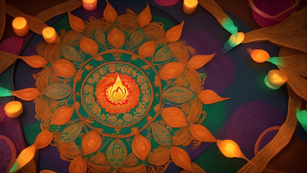Foto lampade a olio accese su colorati rangoli durante la celebrazione di diwali