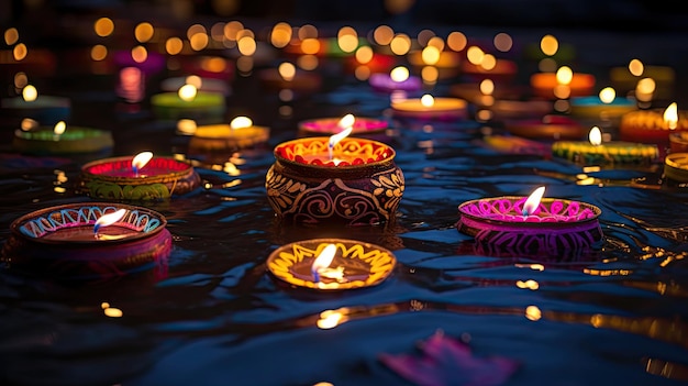 Фото Масляные лампы зажжены на красочных ранголи во время празднования дивали красочные глиняные лампы дия с цветами