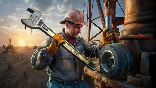 Oil man tightening lug nuts with industrial wrench in oil field