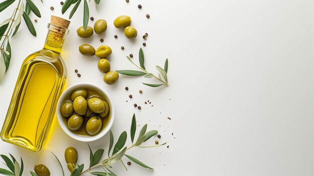 Foto olio e olive su sfondo bianco disposizioni verde chiaro e oro