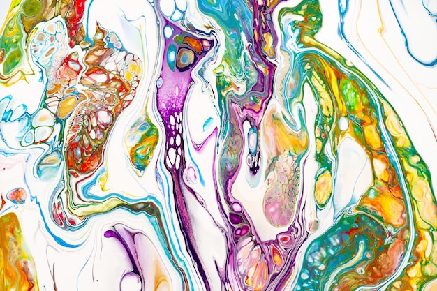 Oil paint mix abstract background rainbow marble texture acrylic liquid flow colorful wallpaper creative violet yellow blue paint swirls waves multicolor watercolor pattern fluid effect