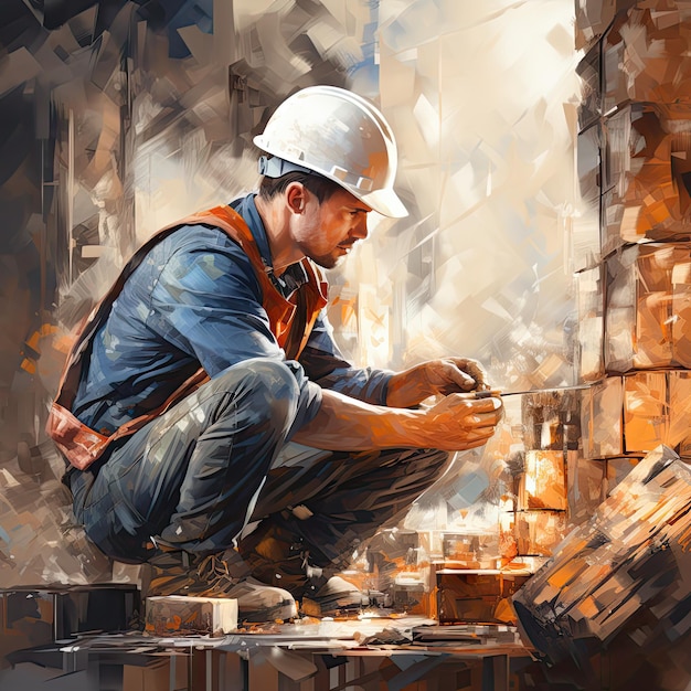 Oil Paint Style Illustration Light Strokes Realistic CloseUp Work Hands Bricklayer in Hard Hat