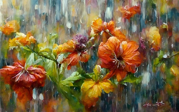 Oil paint vibrant flowers in pouring rain pattern colorful