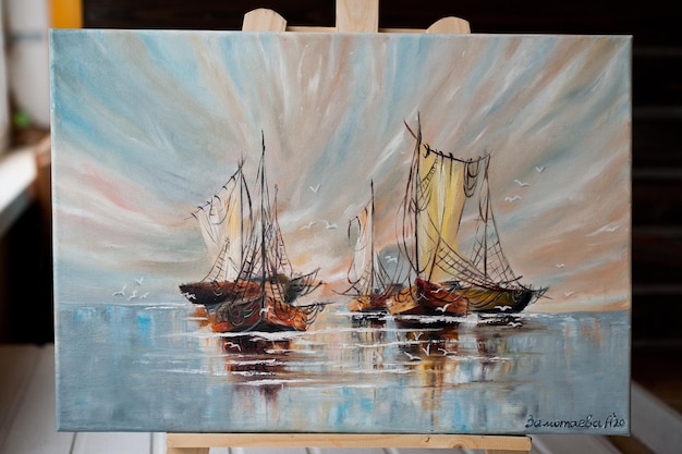 An oil painting about boats at sea 3474