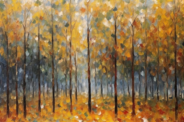 Oil painting of autumn birch forest with yellow leaves on canvas