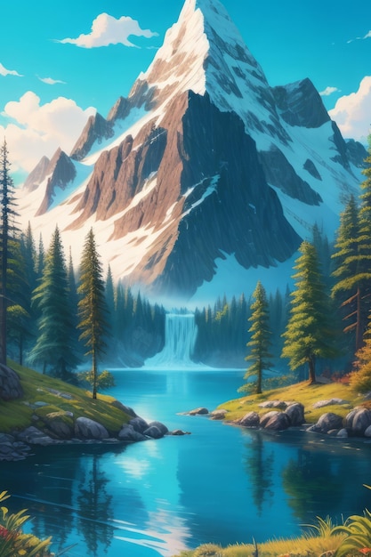 oil painting of beautifl spring landscape forestsnow mountains and river on canvas