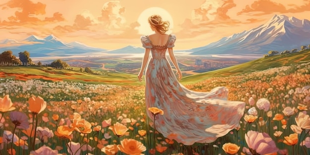 로코코 스타일의 꽃밭을 걷는 아름다운 젊은 여성의 유화