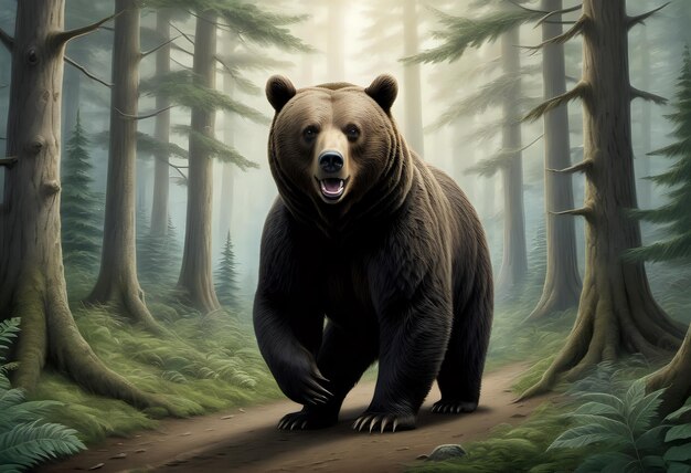 Oil painting of a big bear in the forest