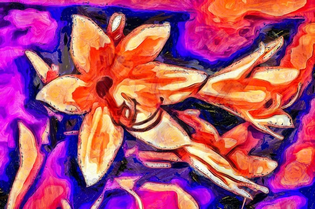 Oil painting blooming lily flowers Modern digital art impressionism technique imitation of Vincent van Gogh style