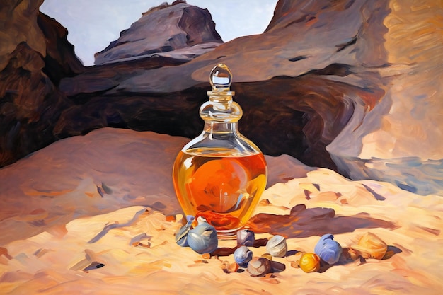 Oil painting of a bottle of perfume in the desert