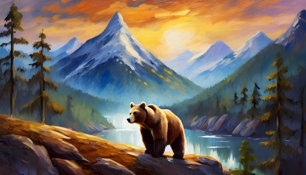 Photo oil painting of brown bear against mountains forest and river nature illustration landscape