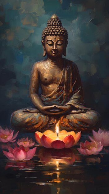 Oil painting of buddha statue with lotus flower and candle ornament generative ai