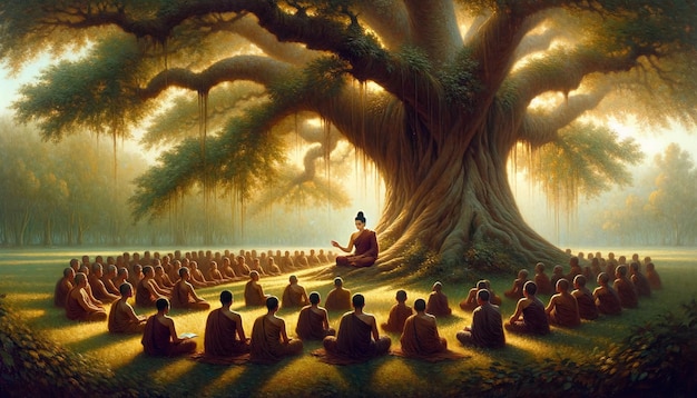 Foto pittura a olio di buddha che insegna ai suoi studenti sotto l'albero sacro