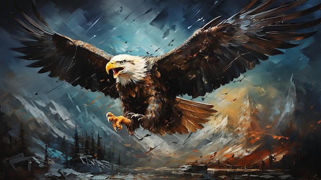 oil painting on canvas eagle flying snow falling