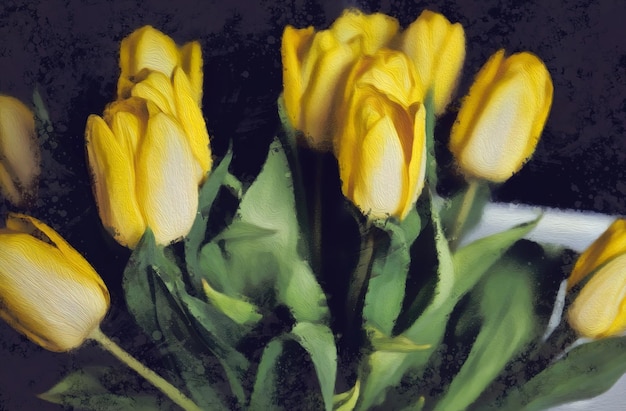 Photo oil painting on canvas. flower. tulips. colors white, yellow, green. oil painting on canvas